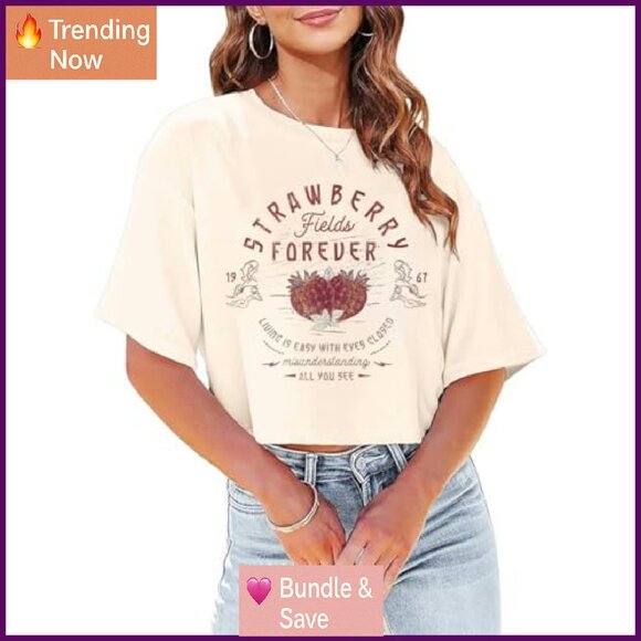 Women's Cropped T-Shirt Rock Music Graphic Print Short Sleeve Summer Top - Picture 2 of 2